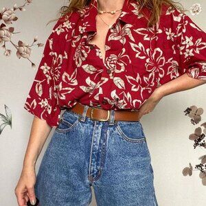 Red Floral Hawaiian Vintage Button Down Shirt